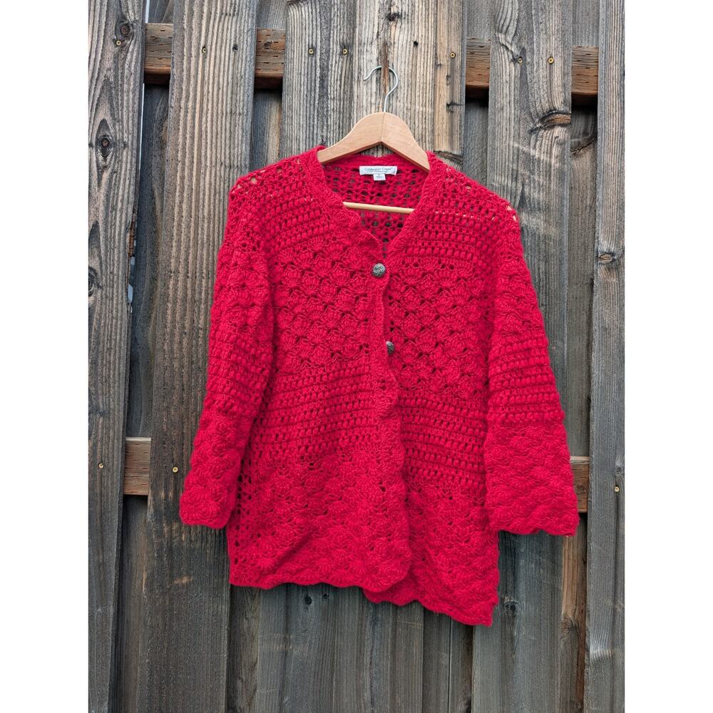 Cold Water Creek Linen Blend Red Crochet Cardigan Sweater M Hook & Eye Boho